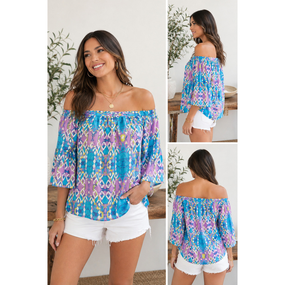 Women's 100% Silk Off Shoulder Boho Blouse Sz L Geometric Print Resort Vacation